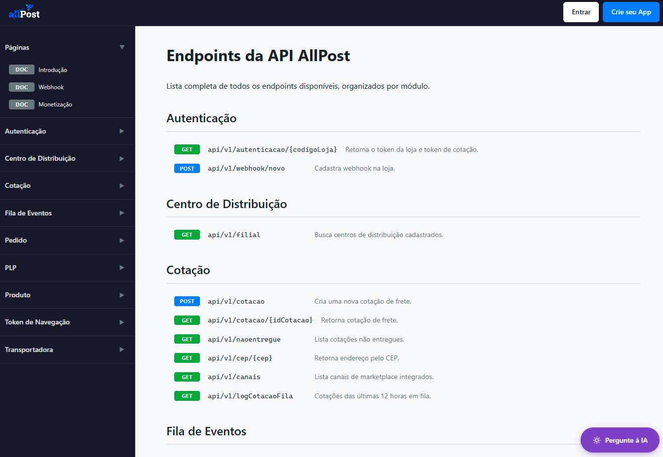 Documentação da API allPost