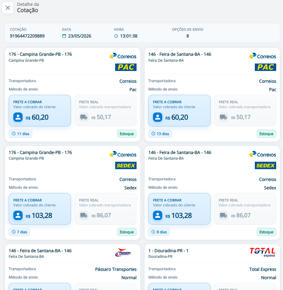 Log de cotações detalhado