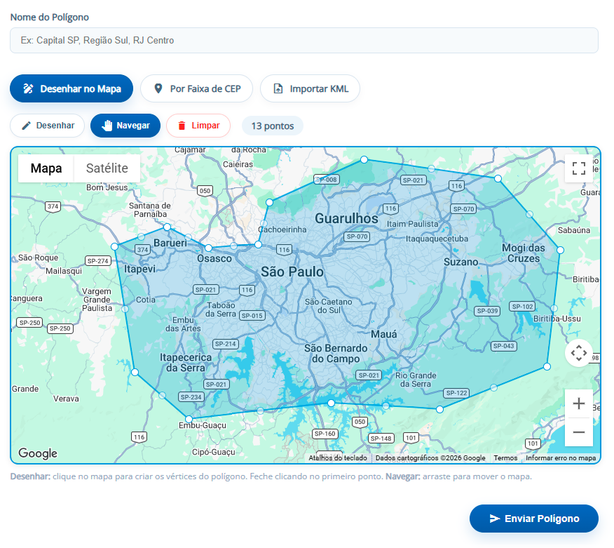 Polígono Same-Day Shopee no mapa